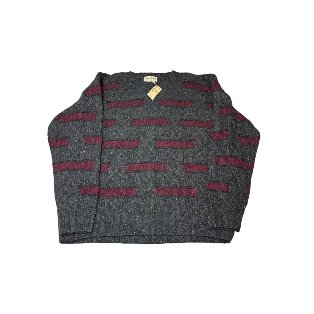 NWT Eddie Bauer Mens Handknit Cable Knit Sweater XL Burgundy Speckled Wool Blend